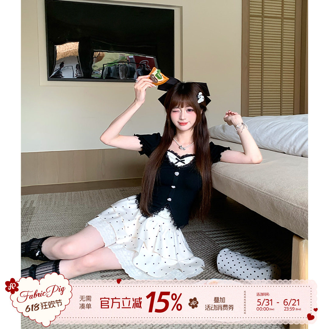 织物猪 恋恋笔记 韩系纯欲穿搭黑色短袖上衣女夏甜美针织修身T恤