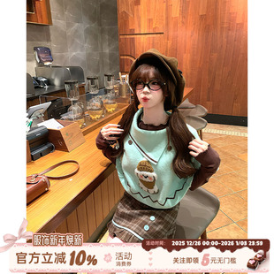 裙子套装 森系古着穿搭女秋冬套头高领毛衣打底衫 青柠小狗 织物猪