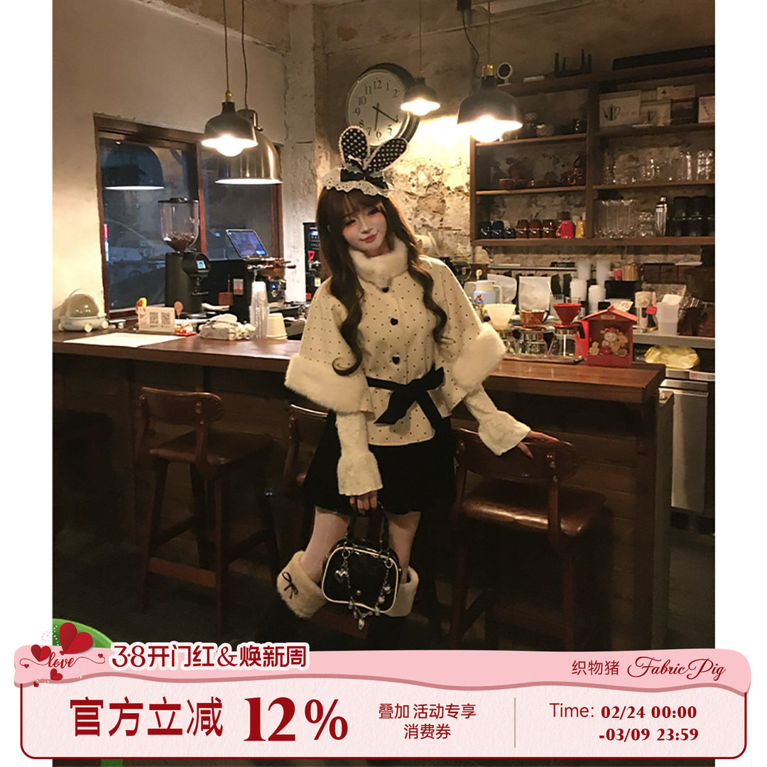 织物猪 赫本千金 蕾丝假两件连衣裙套装女秋冬波点斗篷外套两件套