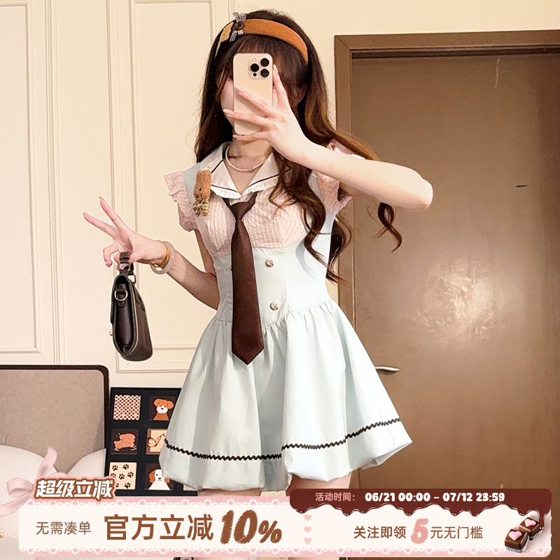 学院风假两件娃娃领连衣裙