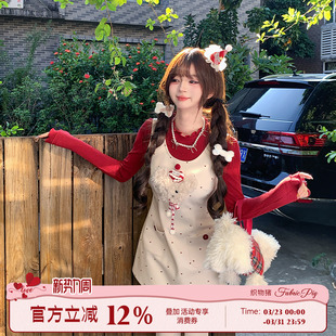 织物猪 甜美风白色波点背心裙女秋冬可爱新年穿搭连衣裙 波点小狗