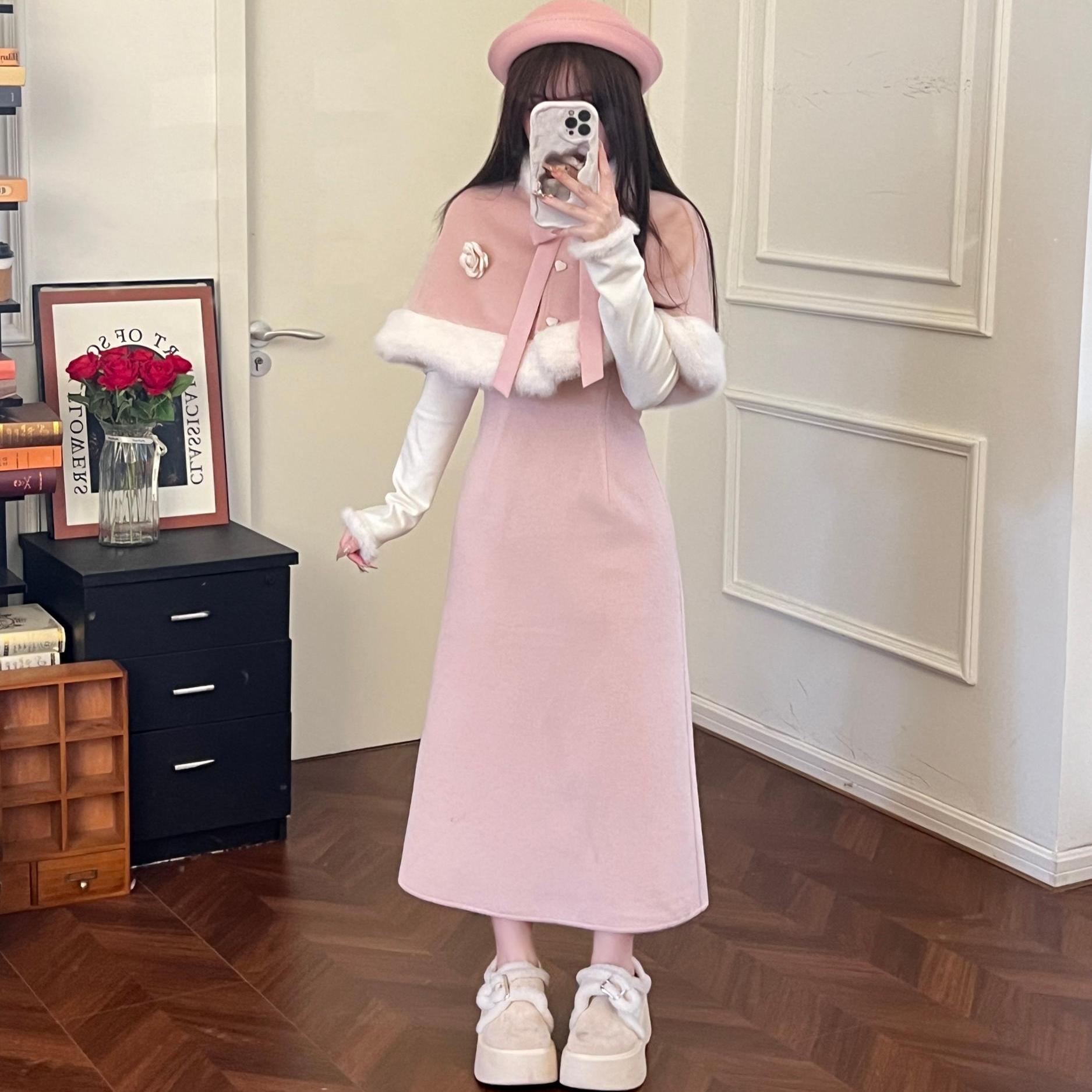 织物猪 都市甜心 千金风连衣裙套装miu系穿搭斗篷两件套气质长裙