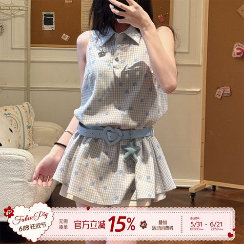 织物猪 格纹甜扣 甜酷风无袖连衣短裙女夏印花格纹小裙子