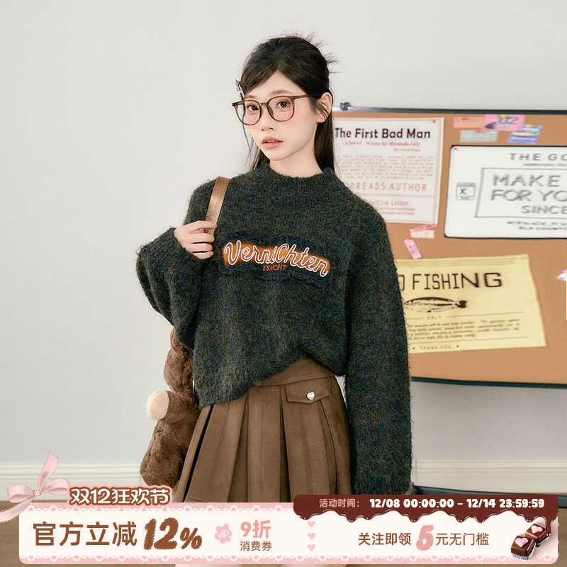 织物猪 小熊气泡 美式复古宽松慵懒风针织毛衣女秋冬加厚圆领上衣