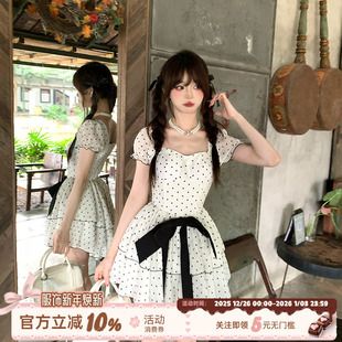 蛋糕短裙 miu系千金风白色波点连衣裙女夏泡泡袖 织物猪 波点派对
