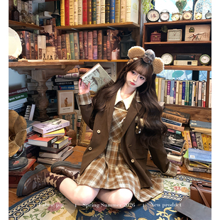 织物猪 松茶可可 甜美学院风西装外套女早春复古小熊咖色西服上衣