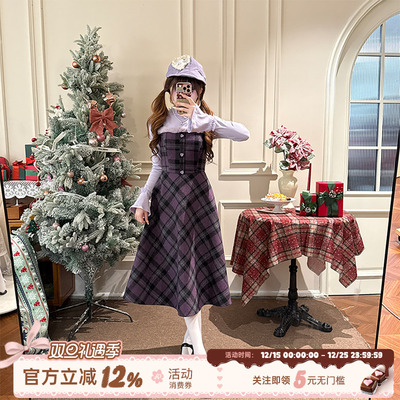 复古风深紫色格纹连衣裙女秋冬