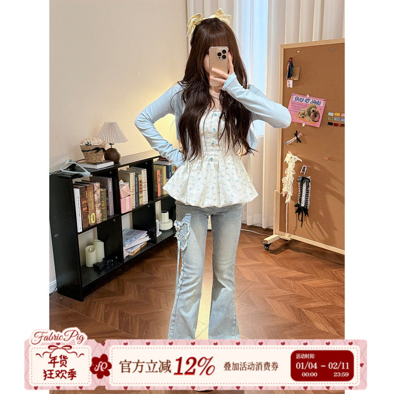 织物猪 奶芙蓝调 浅蓝色蝴蝶刺绣牛仔裤女小个子高腰修身微喇长裤