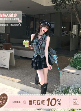 织物猪 青墨甜莓 美式复古甜酷风格纹无袖上衣女夏蝴蝶结设计衬衫
