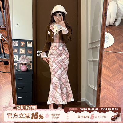 织物猪Fabricpig焦糖草莓 复古千金感鱼尾裙套装女秋包臀连衣裙子