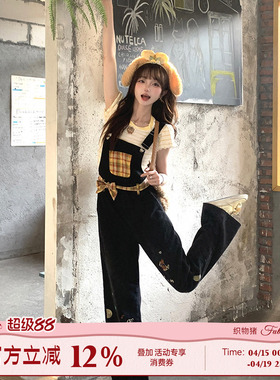 织物猪 黄油拿铁 甜酷风黑色刺绣牛仔背带裤女原创直筒减龄长裤子
