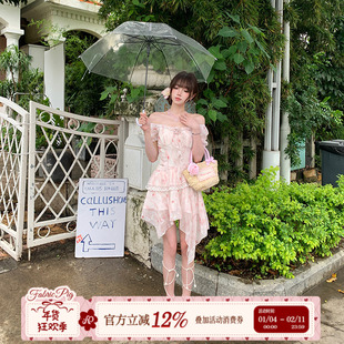 织物猪 恋爱告急 约会纯欲风一字肩连衣裙女夏日两穿泡泡袖短裙子