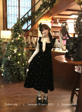 织物猪 月光晚宴 甜美千金风假两件丝绒连衣裙女冬季烫钻黑色长裙