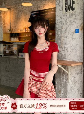 织物猪 叛逆软糖 甜酷风红色假两件上衣套装女夏季格子显瘦短裙子