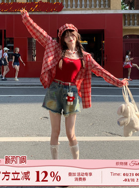 织物猪 盛夏繁星 甜美风红色格纹衬衫女春季休闲百搭长袖上衣外套