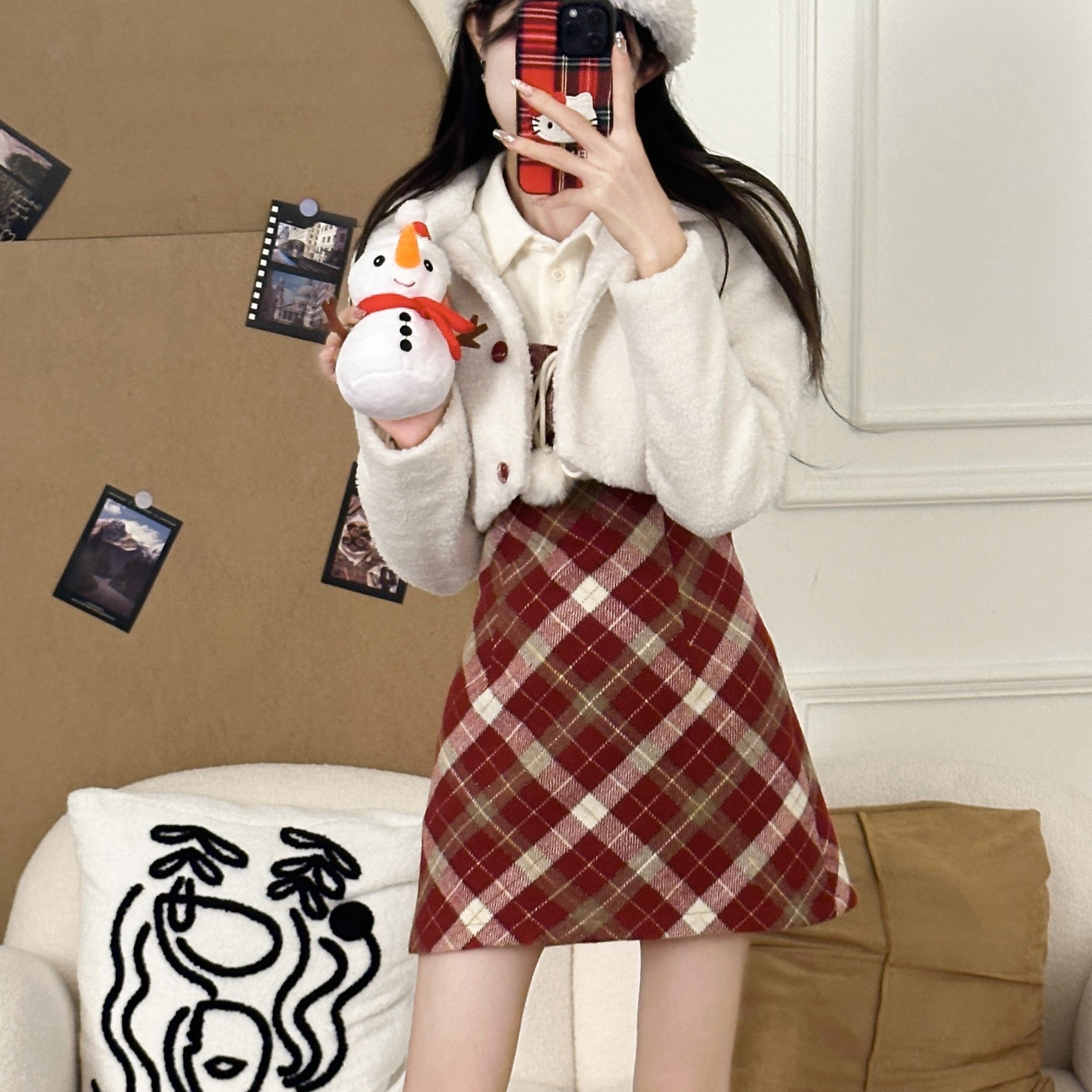织物猪 草莓酸奶裙 学院风假两件格纹连衣裙女小个子外套秋冬套装