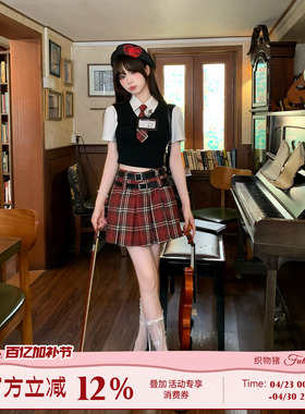 织物猪 美式辣妹 学院风假两件短袖衬衫套装女复古红色格纹半身裙