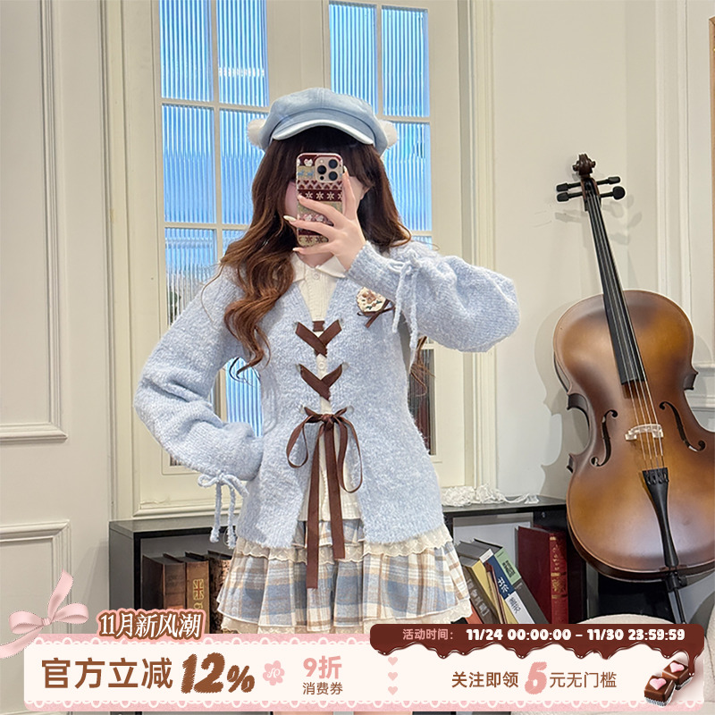 织物猪 森屿糖巧 甜美复古风蓝色假两件毛衣女冬慵懒感针织衫外套