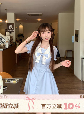 织物猪 蓝色岛屿 甜美学院风泡泡袖连衣裙女夏季小个子公主短裙子