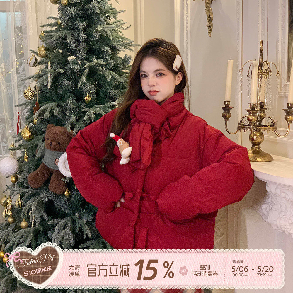 织物猪 樱桃软糖 新年红色面包棉服女冬季小个子圣诞穿搭轻薄外套