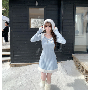 甜欲风蓝色针织长袖 连衣裙女秋冬穿搭毛衣短裙子 夹心泡芙 织物猪