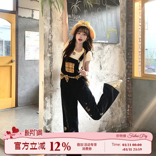 女原创直筒减龄长裤 甜酷风黑色刺绣牛仔背带裤 子 黄油拿铁 织物猪