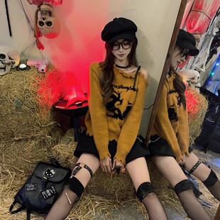织物猪 魔女南瓜 万圣节甜辣露肩毛衣女秋冬橘黄色纯欲针织上衣
