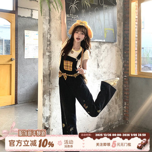 女原创直筒减龄长裤 甜酷风黑色刺绣牛仔背带裤 子 黄油拿铁 织物猪