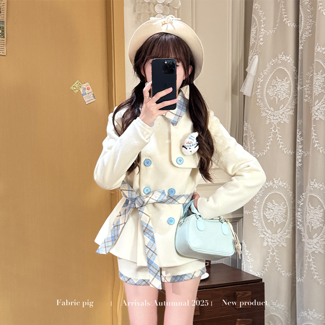 织物猪 暖冬恋歌 千金感拼接格纹毛呢外套女秋冬束腰风衣夹克上衣