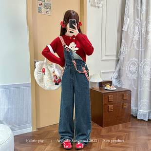 织物猪 慵懒感红色圆领毛衣女秋冬可爱松弛套头针织上衣 芭蕾小熊