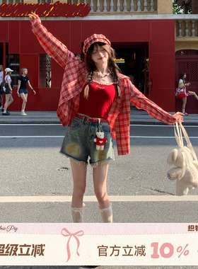 织物猪 盛夏繁星 甜美风红色格纹衬衫女春季休闲百搭长袖上衣外套