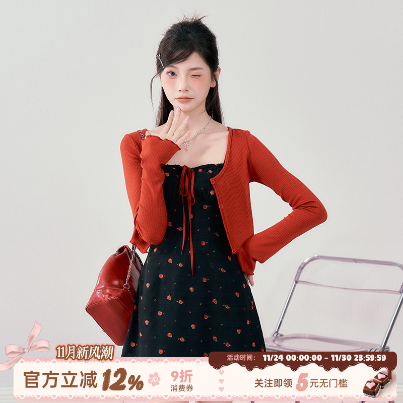 织物猪 盛夏玫瑰 法式碎花吊带连衣裙女小个子短裙开衫外套两件套