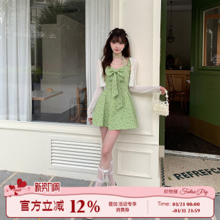 织物猪 绿色印花吊带连衣裙女夏日蝴蝶结独特漂亮小短裙 莫奈花园