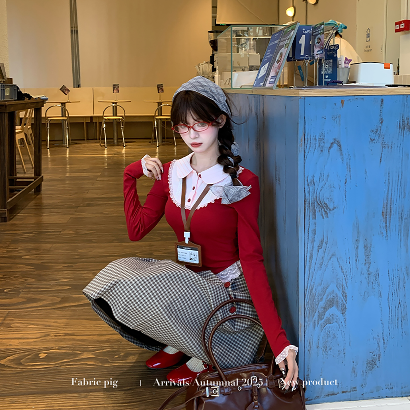 复古甜心风假两件红色上衣女秋