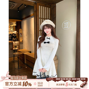 收腰长袖 千金风针织毛绒白色连衣裙女冬季 裙子 北海道初雪 织物猪