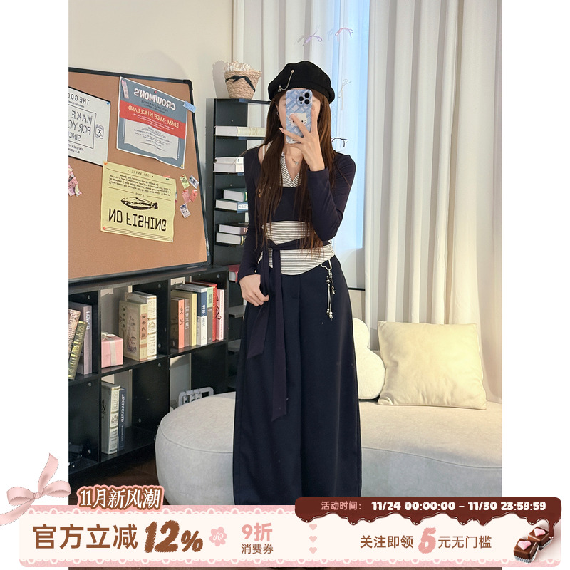 织物猪 海盐海军 学院风藏青休闲裤子套装女秋露肩假两件针织上衣