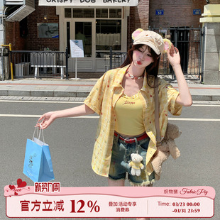 上衣女百搭短袖 甜美风休闲宽松印花格纹衬衫 外套 盛夏繁星 织物猪