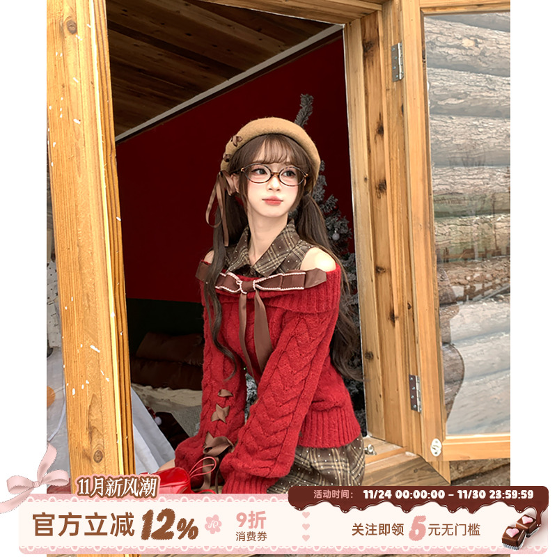 圣诞甜欲风红色麻花毛衣女冬季