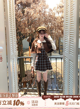 织物猪 陨石拿铁 学院风格纹假两件连衣裙女初秋甜美拼接收腰短裙