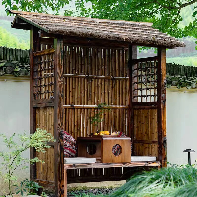 日式庭院门楼户外茶台接待屋竹子凉亭防腐木亭子花园装饰喝茶亭子
