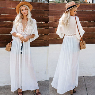 新款 宽松白色防晒披肩竹节花边海边度假沙滩衣泳衣比基尼外搭罩衫