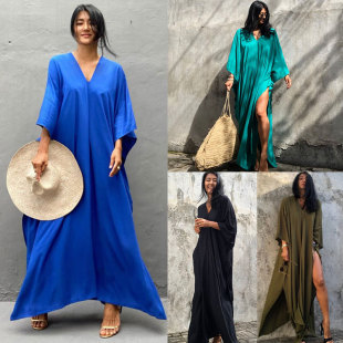 女 沙滩外套海边度假长裙比基尼泳衣外搭罩衫 新款 人棉纯色宽松大码