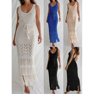 新款 海边度假沙滩裙纯色性感露背针织镂空连衣长裙比基尼泳衣罩衫