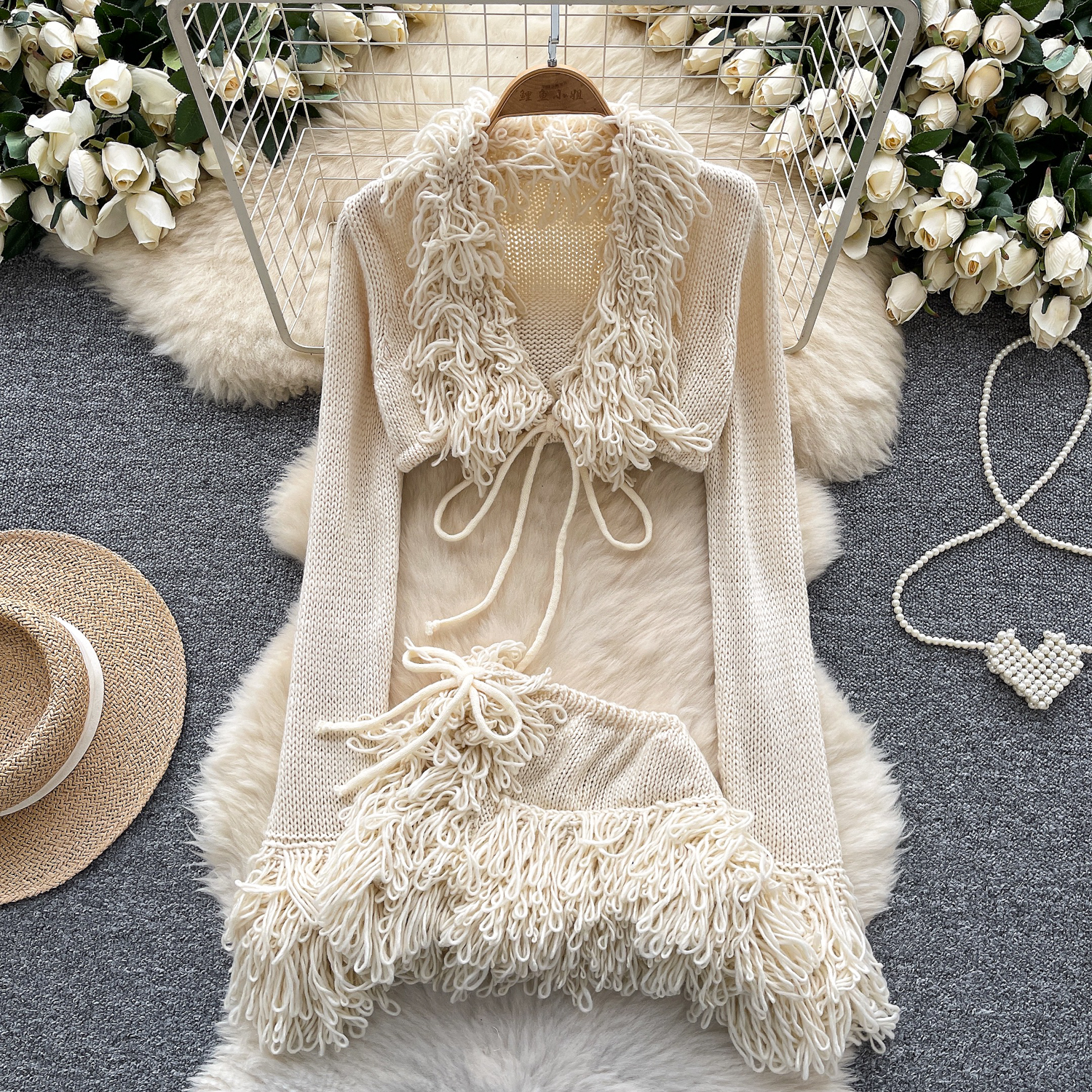 thumbnail for Knitted suit female european american sexy hottie v neck tie long sleeve short fried cover shirt high waist irregular short skirt