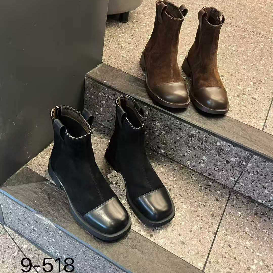 巴迪雅2025秋季新款磨砂翻皮真皮切尔西粗跟低跟拼接短靴子9-518