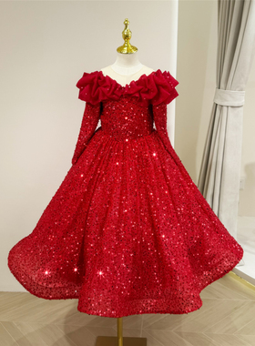 儿童晚礼服红色长袖亮片元旦小主持人演出服女童生日公主裙圣诞冬