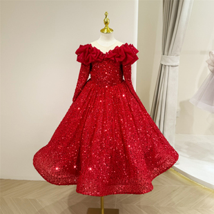 儿童晚礼服红色长袖亮片元旦小主持人演出服女童生日公主裙圣诞冬