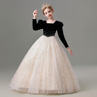 儿童礼服高级感黑色长袖秋冬女童生日公主裙钢琴主持人演出服简约