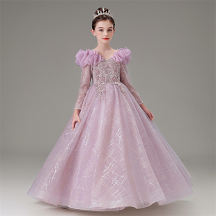 儿童礼服长袖秋冬花童生日婚纱公主裙紫色小主持人钢琴古筝演出服