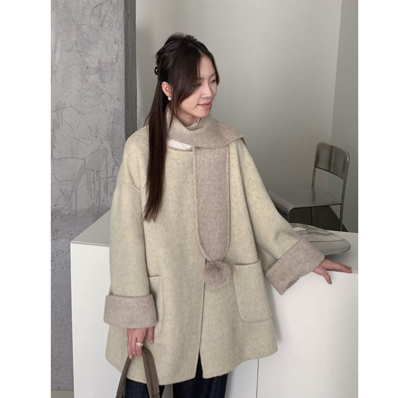 双面羊毛大衣女韩系复古围巾双色羊毛外套秋冬百搭宽松中长款火爆